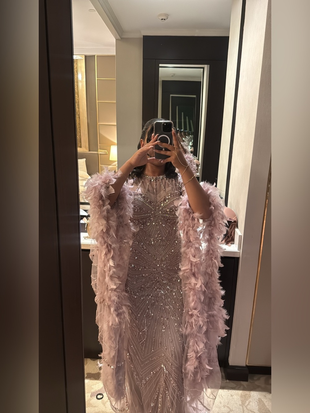 Elegant Feather-Trim Embellished Evening Dress - Dusty Pink